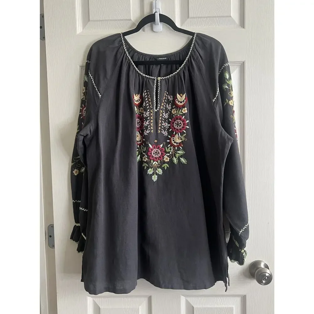 J. PETERMAN Dark Gray Floral Embroidered Bohemian Peasant Tunic Blouse Top Sz L - Picture 7 of 12